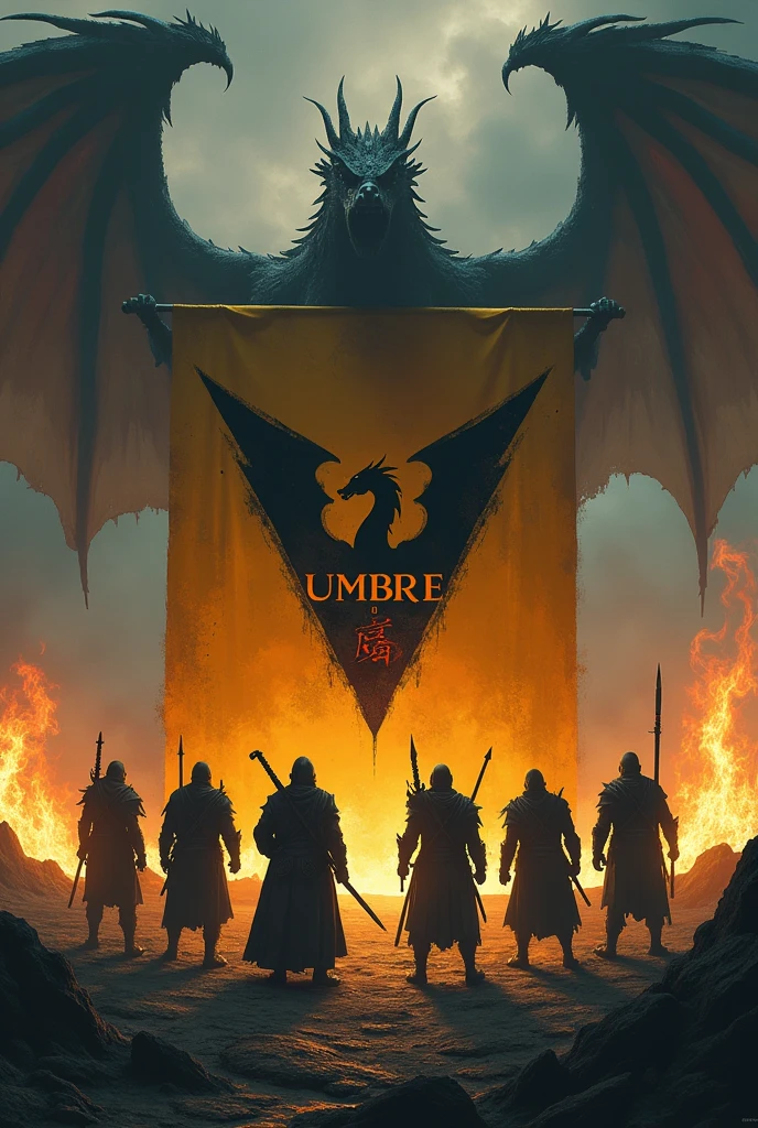 Create me an image with a somber and dark tone, with flames rising from the ground in shades of yellow and red, keeping that dark tone. From far behind should emerge the shadow of an oriental dragon. From the floor should anchor a banner, with a dark yellow flag and a line in the middle of dark red v-shaped, and in the center place the logo of a full black dragon. Finally before the flames that appear 7 warriors in the style of World of Warcraft or Albion Online, wearing clothes in dark tones and weapons such as axes, swords, staffs of ice and fire mage, spears, and sticks. And finally at the bottom of the image the following text "Welcome to Umbra Draconum". Centered text, first smaller the "Welcome to" and underneath bigger and more imposing the text "Umbra Draconum".