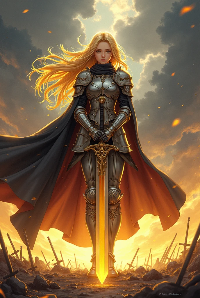 Anime style illustration of a golden-haired female knight in warrior armor, with a black cloak, holding a large sword with a golden aura, standing in a battlefield. The background is dark and full of sword remains. In a horizontal view.