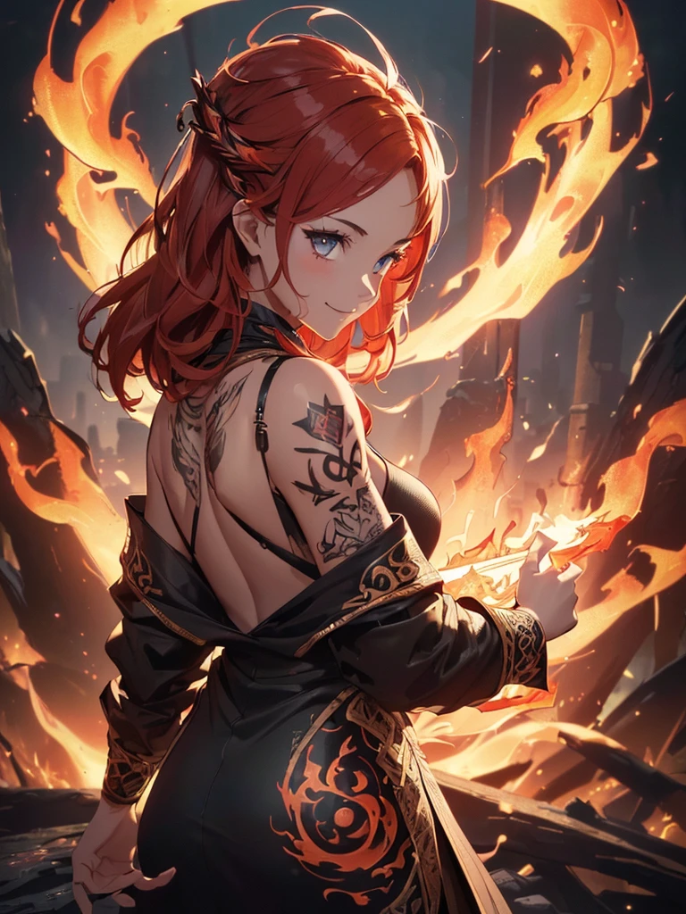 (((best quality, sharp image, clear image, cinematic lighting, 8k resolution, masterpiece, ultra detailed, intricate))) Girl, (((looking over left shoulder))), (shot from behind), fire mage, ((intricate background)), ((chaotic background)), red hair, smiling, ((flame runes, flame sigils)), (tatoo on back), slim figure, flying sigils, long dress, cute