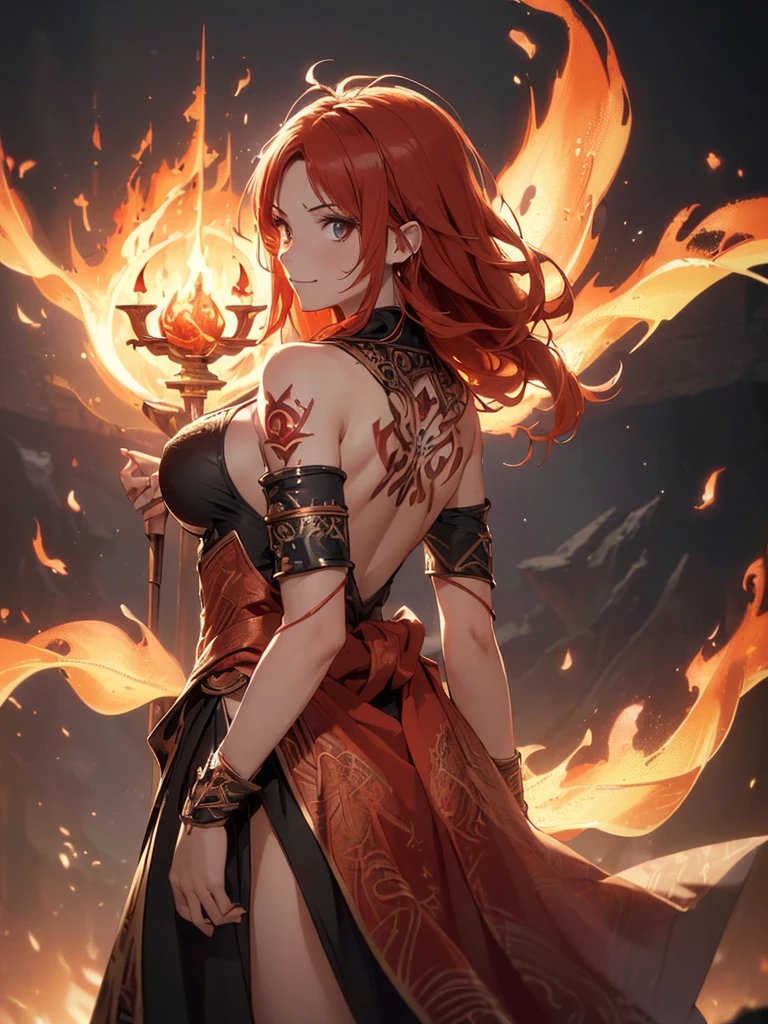 (((best quality, sharp image, clear image, cinematic lighting, 8k resolution, masterpiece, ultra detailed, intricate))) Girl, (((looking over left shoulder))), (shot from behind), fire mage, ((intricate background)), ((chaotic background)), red hair, smiling, ((flame runes, flame sigils)), (tatoo on back), slim figure, flying sigils, long dress, cute