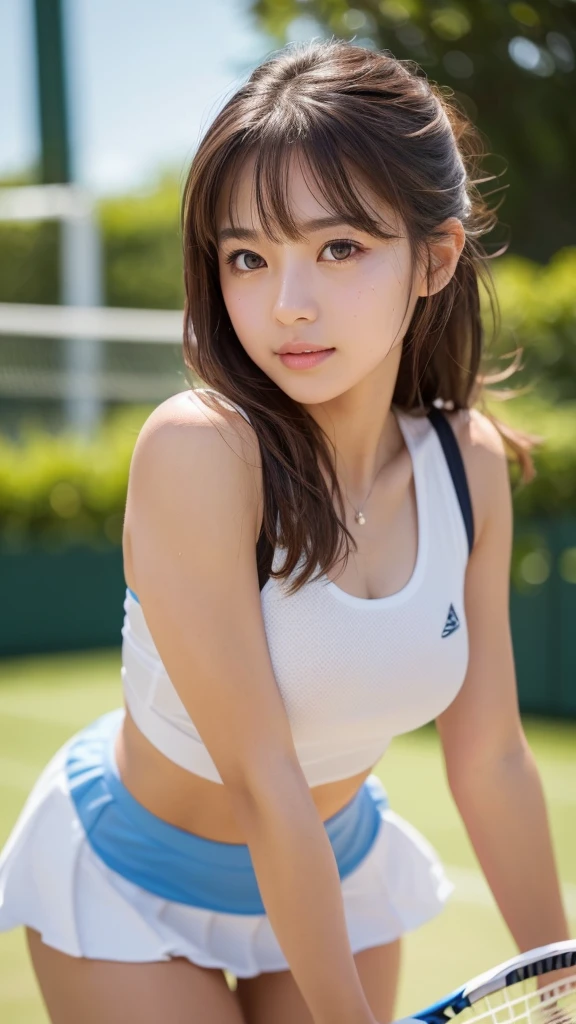 masterpiece, Highest quality, Very detailed, High resolution, (Realistic, photoRealistic:1.37), Excellent anatomy, One beautiful woman,Tennis Girls, A small smile,Play Tennis,Tennis Wear, (shape), Ultra short micro mini skirt, ((Very delicate and beautiful)), (Bokeh, Blurred outdoor background), Brown Hair, Long Hair, bangs,Very beautiful face, Cute type, Big Natural Color Lip, Big and pretty eyes, Brown eyes, Obvious double, Small and cute nose, Brown eyes, Shiny highlight spots around the eyes, Character Focus, Tilt your head, The best light, Best Shadow, mysterious, Perfect Face, Very detailed, Soft Skin, (Glowing Skin, Sweaty: 1.2)'Beautiful feet, Voluptuous thighs, Plump body, Huge breasts, (Expresses the roundness and softness of the chest area.........1), Beautiful body, (The perfect woman),