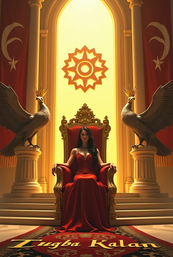 LET IT BE A PLACE WITH WHITE LIGHT. THERE SHOULD BE EAGLES ON THE RIGHT AND LEFT, AND THERE SHOULD BE THE QUEEN'S SEAT IN THE CENTER. LET THERE BE A TURKISH FLAG IN THE PHOTO. A 23-YEAR-OLD BLACK HAIRED QUEEN WOMAN IS SITTING ON THE ROYAL CHAIR. "TUGBA KALAN" SHOULD BE WRITTEN ON THE WALL WITH A 3D LOGO. THE COLOR SHOULD BE GOLDEN YELLOW. THERE MUST BE CARPET ON THE FLOOR AND IT SHOULD BE IN BLACK AND WHITE COLOR. IT SHOULD WRITE "TUGBA KALAN" ON IT.