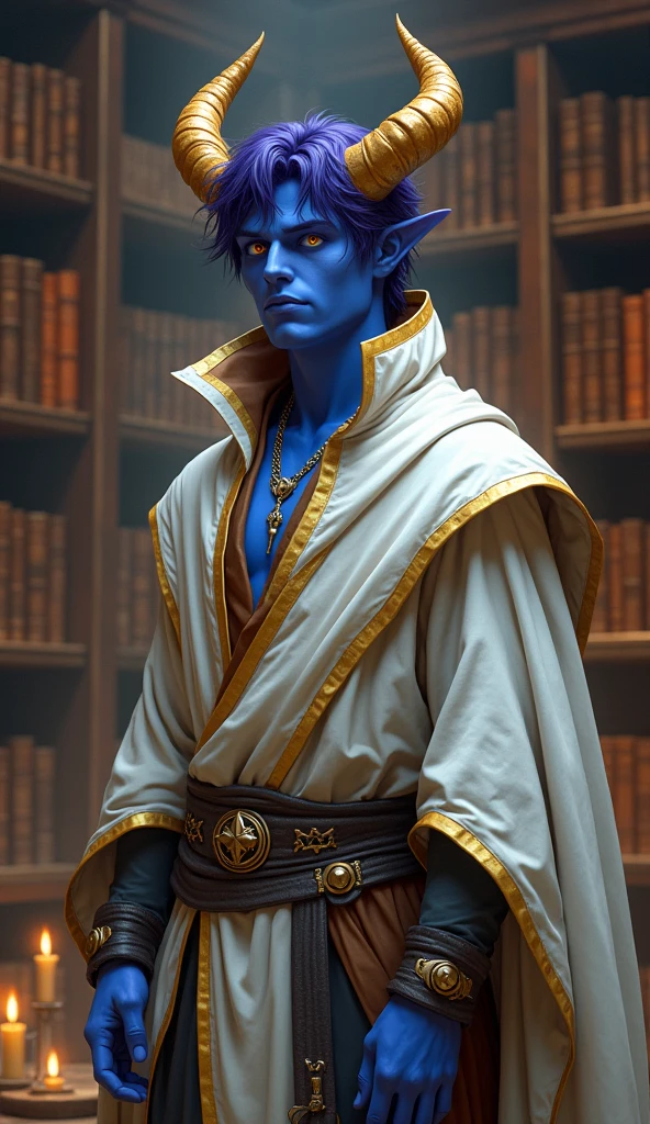 High-fantasy concept art. full body shot. Blue-skinned young slightly muscular male tiefling with smooth, clean shaven face. He has a prominent very sharply pointed chin, and thick shoulder length dark purple hair. Short golden horns, sweep back from his forehead and bright shining golden eyes gaze out. He is in a mystical, ancient library. He wears heavy sweeping white and gold robes. Golden hour. Soft, mystical light spills across the tiefling's facial features, accentuating his sharp jawline and horns. Intricate, leather-bound tomes line the shelves behind him. Warm, rich colors and atmospheric shadows. Best quality. Masterpiece. 8k resolution. Infinitely detailed. Dungeons and Dragons. Fantasy creatures. Mythical beings. High-fantasy worlds. Wizards of the Coast. Equipped warrior. Mystical auras. Leather armor. Sorcerous elements.