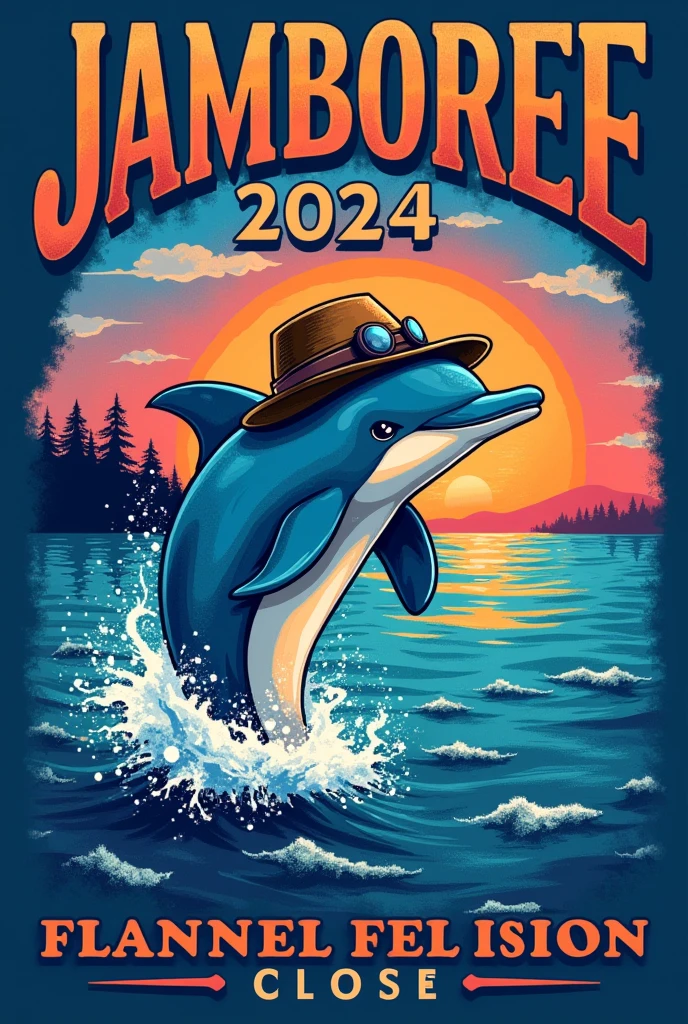 A flannel logo featuring a dolphin wearing an explorer&#39;s hat coming out of the water, with a sunset in blue and purple tones, and below have a text box in capital letters that says JAMBOREE 2024 with a smaller font Using this image created