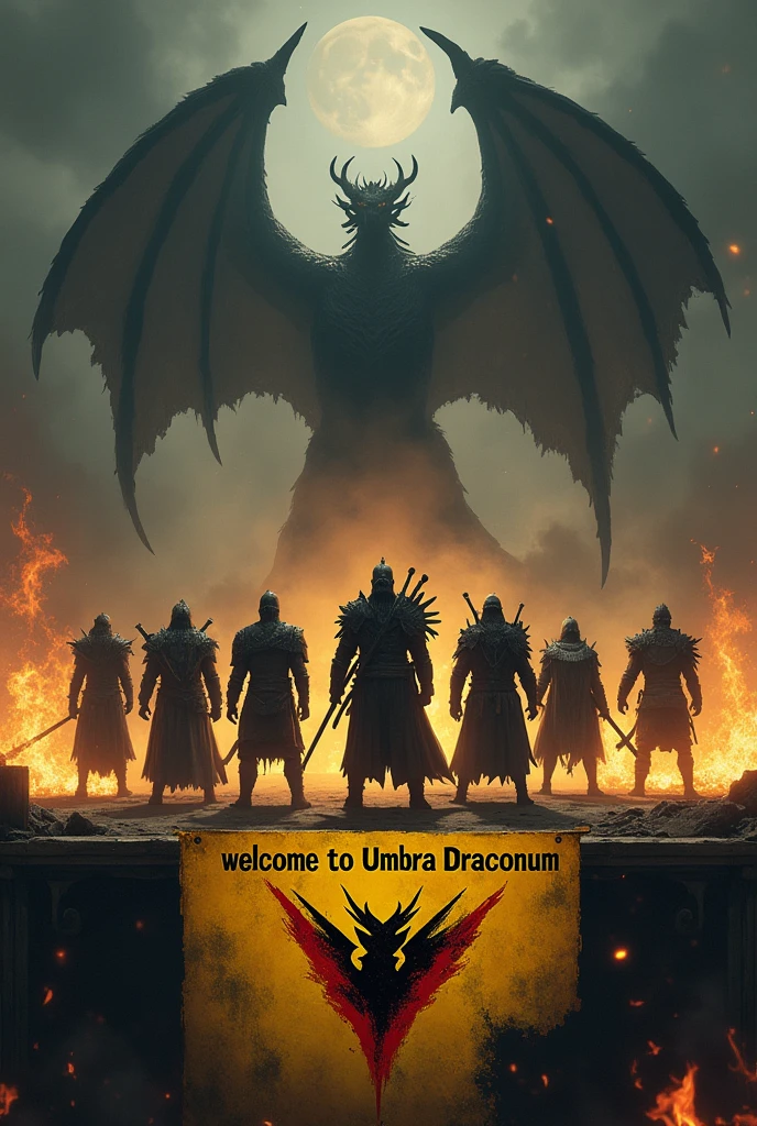 Create me an image with a somber and dark tone, with flames rising from the ground in shades of yellow and red, keeping that dark tone. From far behind should emerge the shadow of an oriental dragon. From the floor should anchor a banner, with a dark yellow flag and a line in the middle of dark red v-shaped, and in the center place the logo of a full black dragon. Finally before the flames that appear 7 warriors in the style of World of Warcraft or Albion Online, wearing clothes in dark tones and weapons such as axes, swords, staffs of ice and fire mage, spears, and sticks. And finally at the bottom of the image the following text "Welcome to Umbra Draconum". Centered text, first smaller the "Welcome to" and underneath bigger and more imposing the text "Umbra Draconum".