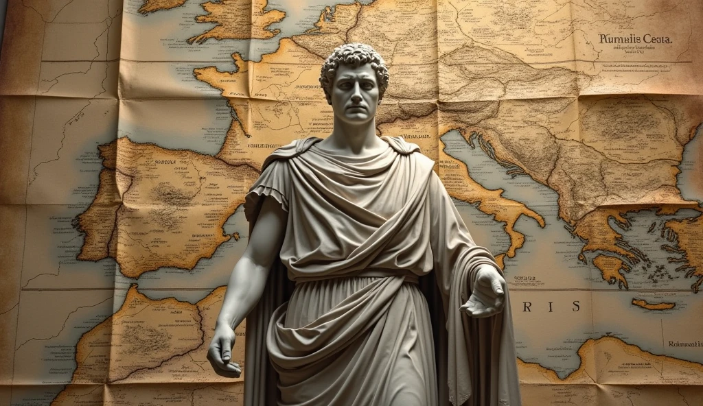 [Images of the statue of Julius Caesar and old maps of the European region