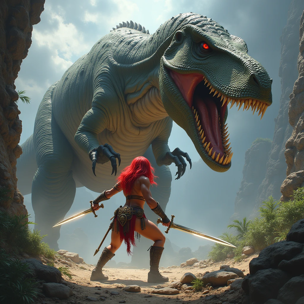 Red Sonja battles a dinosaur.