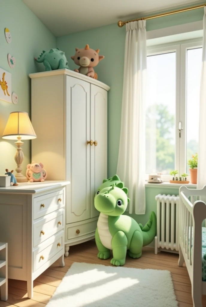 The baby&#39;s room is small and cozy, with a baby dinosaur theme in white with green accents .The cradle, the dresser and nursing chair are arranged to optimize space, and a practical closet is next door. The walls have wallpaper with cute dinosaurs and paintings that complement the decor.. The soft lighting of the lampshade and the white curtain filter the natural light, creating a calm and caring environment.