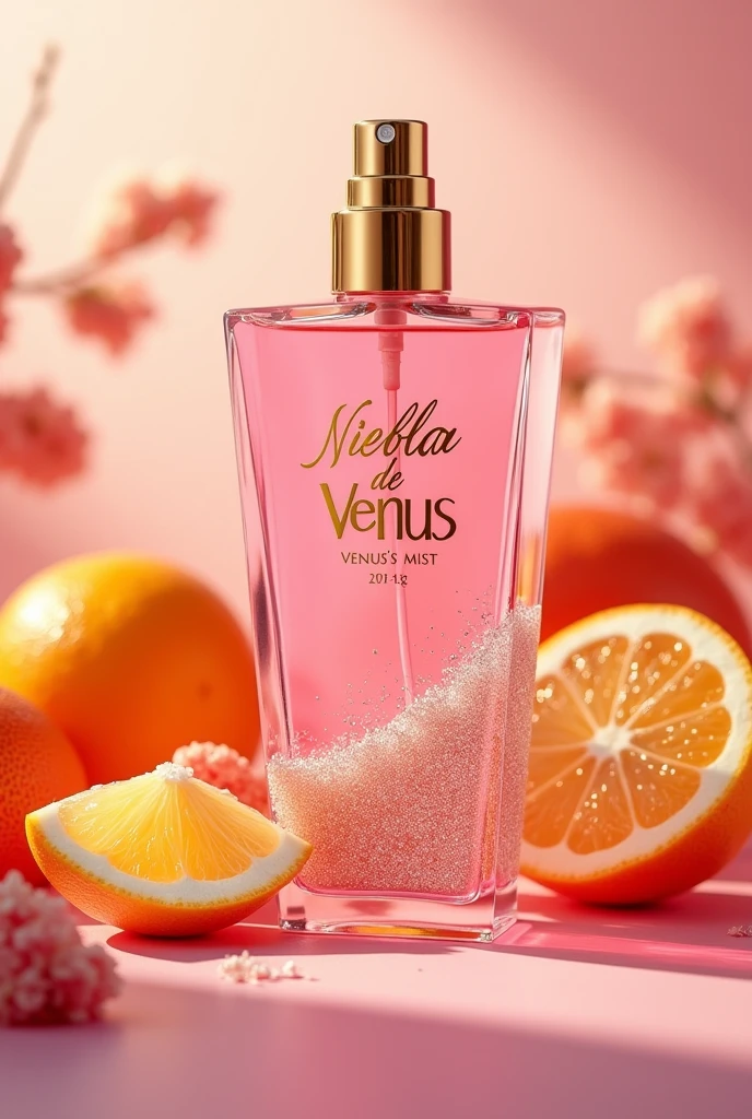 Create a body splash with STRAIGHT TRIANGLE PACKAGING pink liquid with glitter, golden SPRAY valve, background that has to do with refreshing and citrus scent WITH THE NAME BODY SPLASH SHAMPOO BRAND IN GOLD AND THE NAME NIEBLA DE VENUS