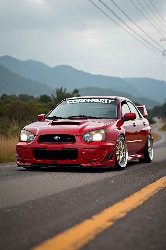 Red Corsa 4 doors year 96 Brazilian lowered written on the air : Corsa Londrina Team , in Portuguese 