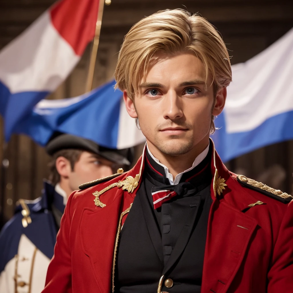 A man giving a speech on a stage that recreates a barricade from the French Revolution,Simple Background, Bangs between the eyes, Anatomically correct, Blonde, Character profile, Front blur, Red jacket,In the background, two men are holding the French flag,