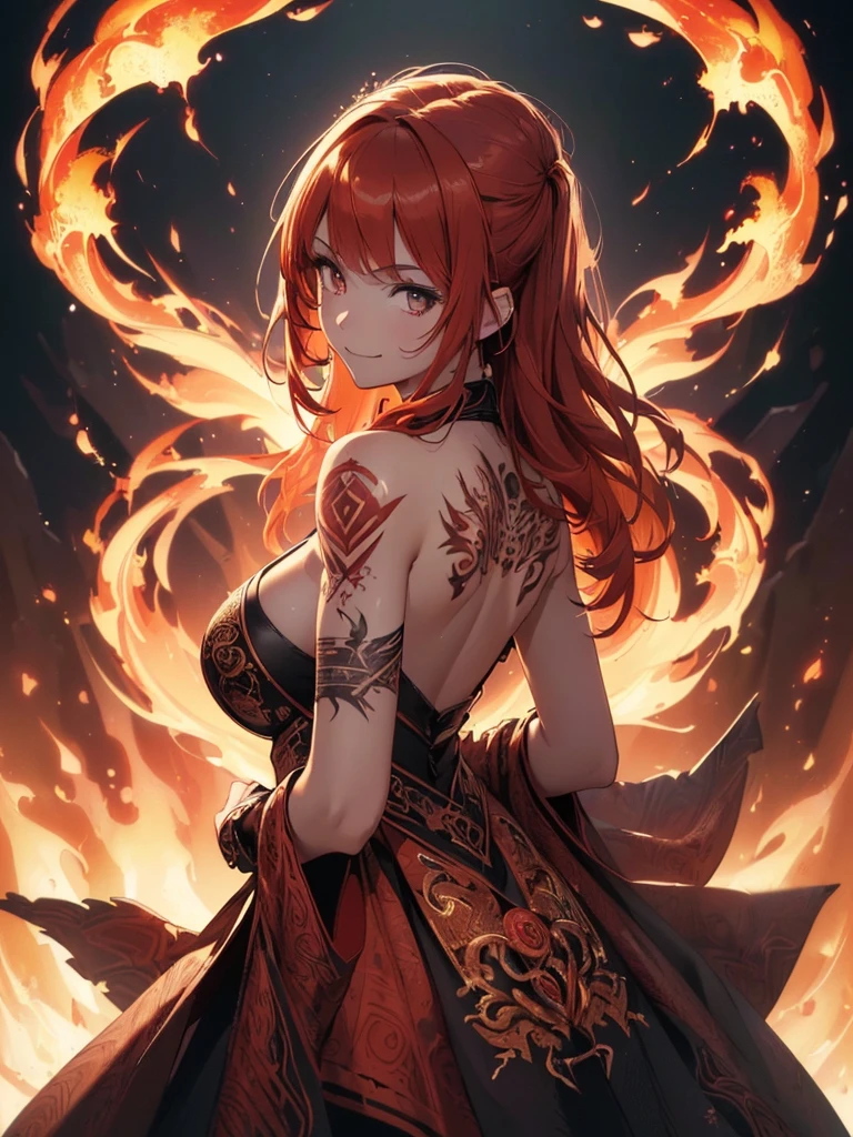 (((best quality, sharp image, clear image, cinematic lighting, 8k resolution, masterpiece, ultra detailed, intricate))) Girl, (((looking over left shoulder))), (shot from behind), fire mage, ((intricate background)), ((chaotic background)), red hair, smiling, ((flame runes, flame sigils)), (tatoo on back), slim figure, flying sigils, long dress, cute
