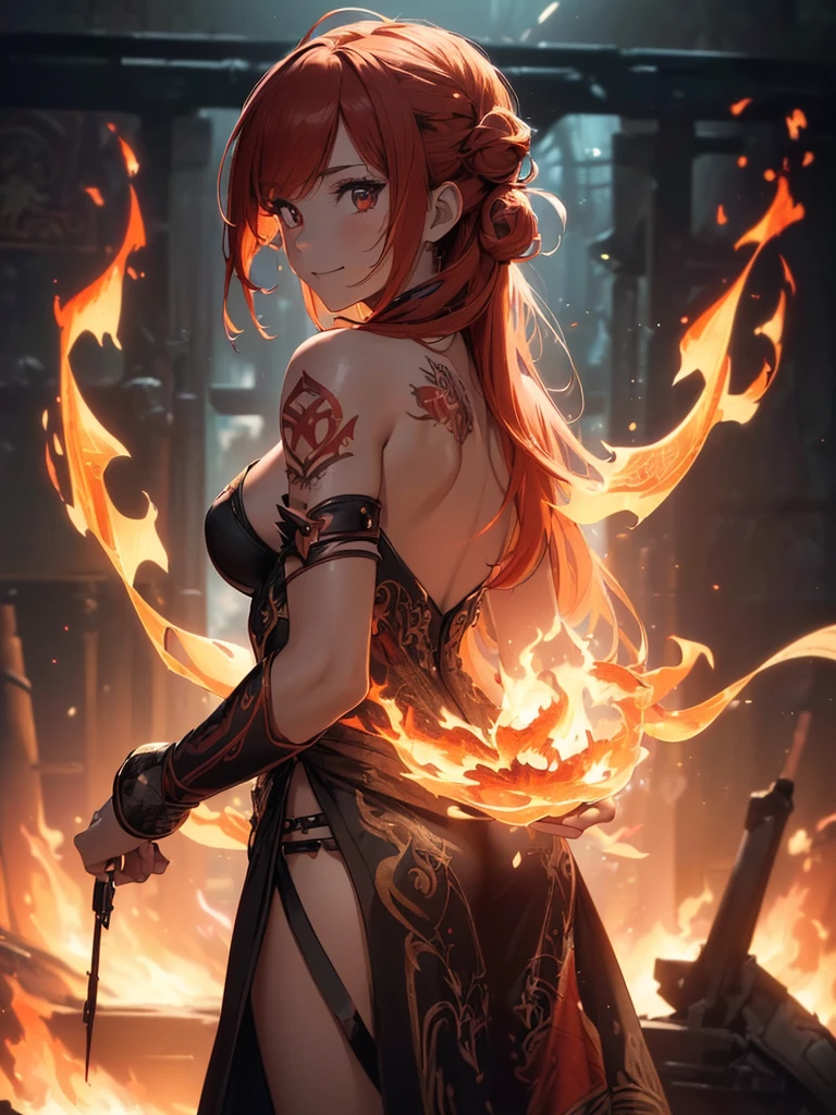 (((best quality, sharp image, clear image, cinematic lighting, 8k resolution, masterpiece, ultra detailed, intricate))) Girl, (((looking over left shoulder))), (shot from behind), fire mage, ((intricate background)), ((chaotic background)), red hair, smiling, ((flame runes, flame sigils)), (tatoo on back), slim figure, flying sigils, long dress, cute
