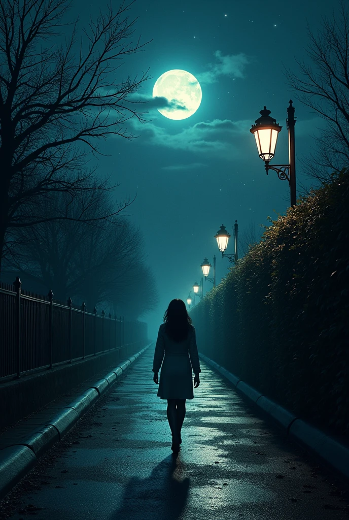 Cover, at night with stars and moon, in the background a hedge in which a man is hiding, man lies in wait for woman, street with right and left lanterns, little light, mystical, woman walking on the street, realisti, ​masterpiece, good quality, woman is nervous, Man in the background, 