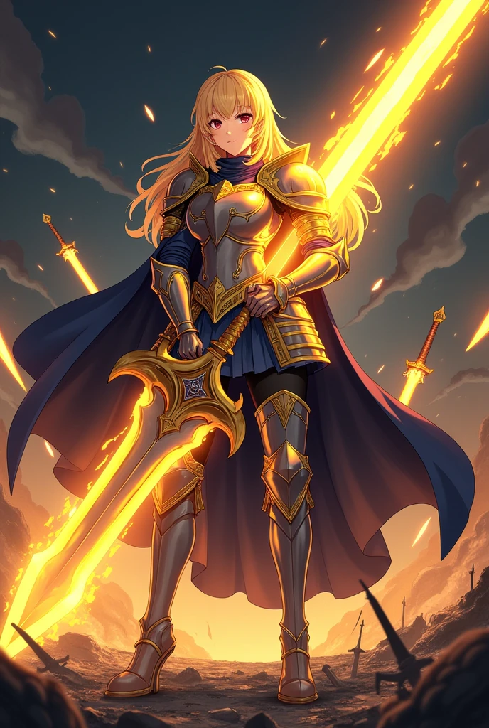 Horizontal anime style image of a golden-haired female knight in warrior armor, with a black cloak, standing holding a large sword with a golden energy aura, standing in a battlefield. The dark background is full of sword remains.