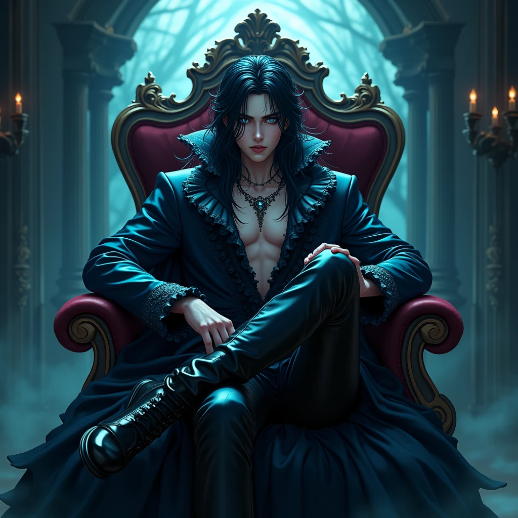 Long black hair. Teal blue eyes, Male, Blue and black frilly gothic clothes, Surrealism, Sexy, Masterpiece, Shiny, Gloomy effects, 8k, super detail, Shiny, Beautifully detailed, Pretty drawn. Sexy pose, hot. Anime. Seductive pose. vampire. Sitting on his throne and crossing his legs in a sultry way. Looking down and smirking maliciously. bottom angle. long Shiny boots. black shiny leather jeans. attractive and delicate facial features. saying "kneel down" Anime style. People are kneeling in front of him.
