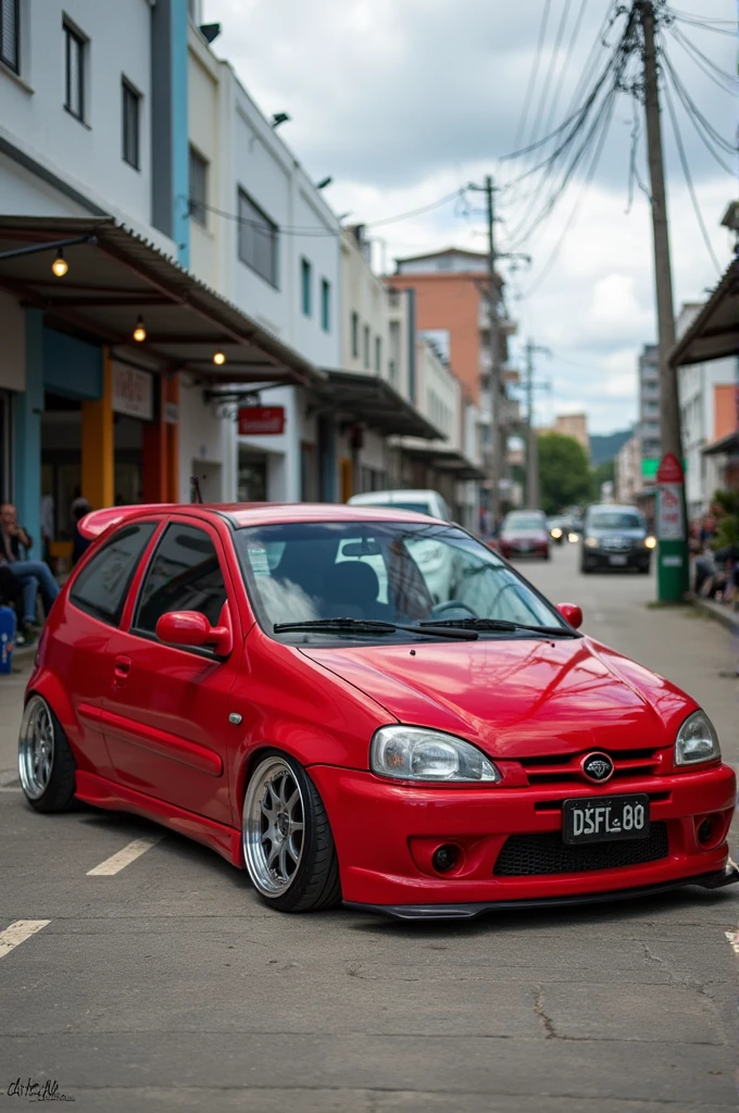 Red Corsa 4 doors year 96 Brazilian lowered written on the air : Corsa Londrina Team , in Portuguese