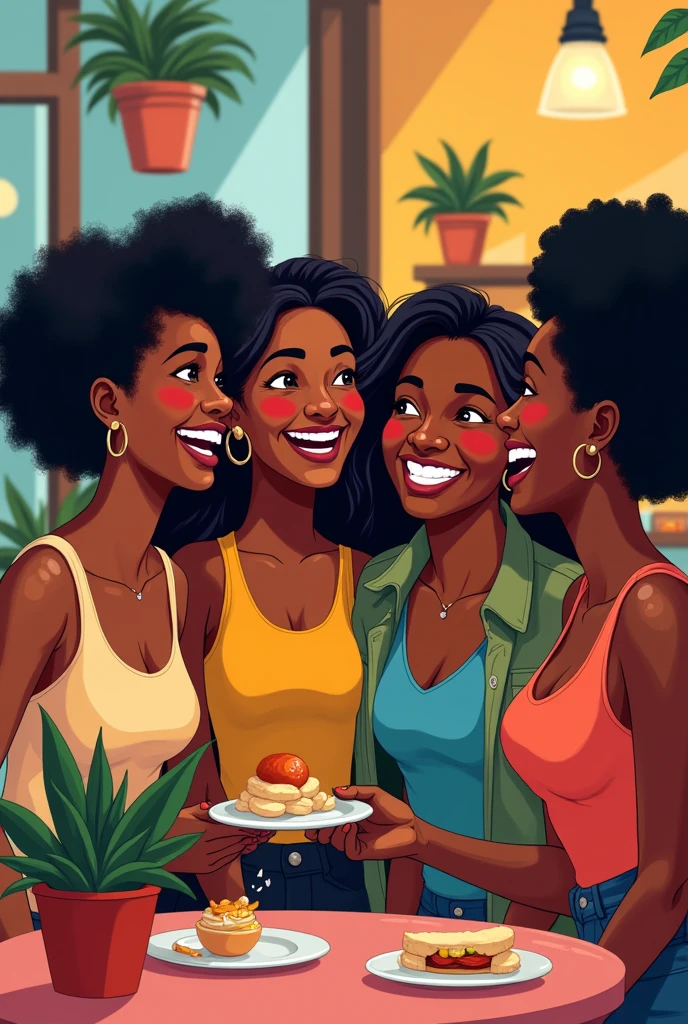 
 lesbian black women group 5 friends. animated cartoon