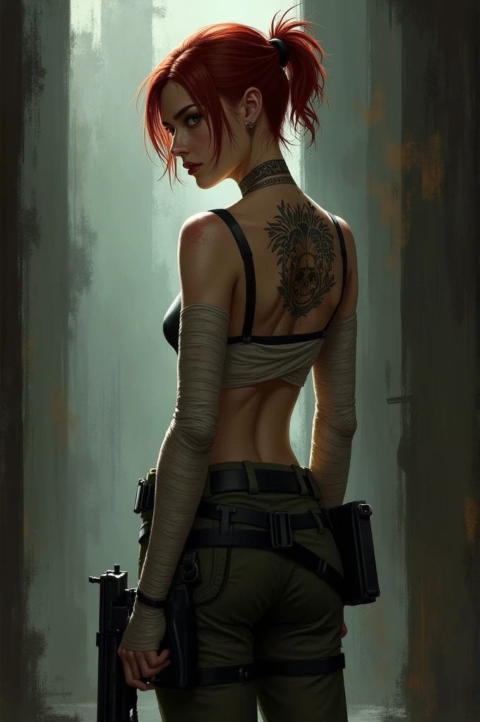 personaje de novela negra mujer redhead, with grandd tattoo on the back, thin with a gun, short hair, bandage on the hands with a tank top and military pants and a gun on one side, redhead, smooth fur, pale