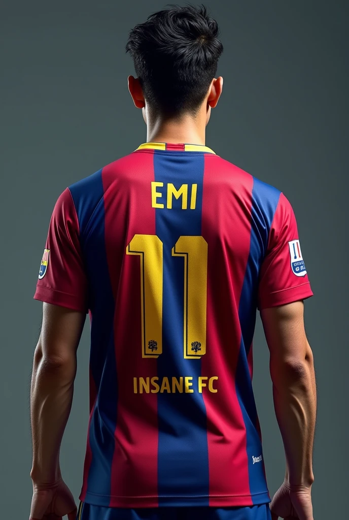 Make the Barcelona player Joao Felix with the number 11 and the name EMI and below the INSANE FC number with his back turned