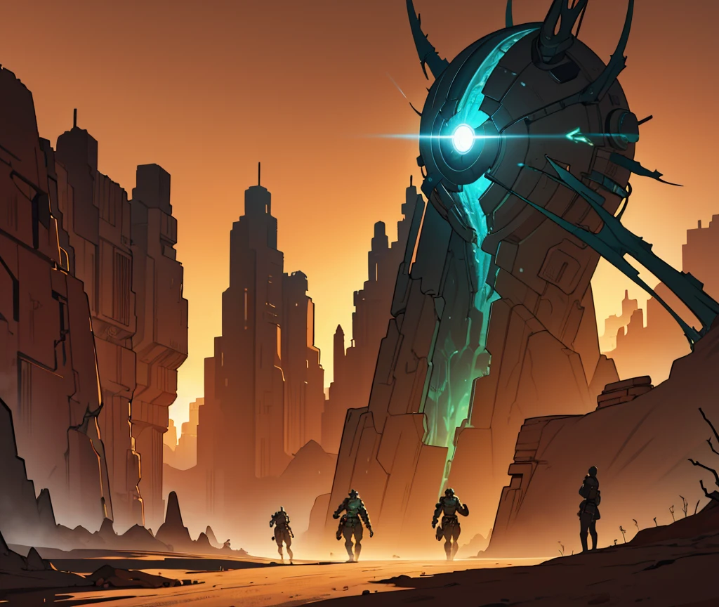 In a vast, arid red desert stretching to the horizon, the alien sun casts an oppressive glare over the desolate landscape. The sky is a mix of scarlet and orange hues, with dense clouds of dust floating lazily, partially obscuring the light. The ground, brittle and parched, is riddled with deep fissures and dunes carved by the merciless wind. The atmosphere is thick and almost suffocating, laden with fine particles that create a constant reddish haze.
In the midst of this desolation, alien life has found a way to survive. Strange and grotesque plants emerge from the cracked ground, their thorny stems twisting like serpents towards the sky. Some emit a faint luminescence, pulsing in shades of blue and green, contrasting with the surrounding aridity. These plants seem to have evolved a resilient biology, absorbing the little moisture and minerals left in the infertile soil.
Among the vegetation, extraterrestrial creatures adapted to the extreme environment roam the land. Giant insects, with shiny exoskeletons that reflect the sunlight, crawl on their multiple legs over the cracked soil. Their multifaceted eyes glow with an internal light, and their bodies are covered in iridescent plates that change color as they move. Other, more predatory creatures have sharp claws and serrated teeth, ready to capture anything that moves.
However, the most intriguing aspect of this scenario is the presence of a surviving civilization, composed entirely of robotic beings. These robots, once created by a race that disappeared long ago, continue to roam the desert, their metallic bodies worn down by time and the harsh conditions. Some have broken limbs or missing metal plates, but they continue their tireless march, driven by an unknown purpose. Their forms range from small repair units to gigantic war automatons, now transformed into silent sentinels of a bygone era.
These robotic beings wander among the ruins of their ancient city, now nearly buried under sand and dust. Met