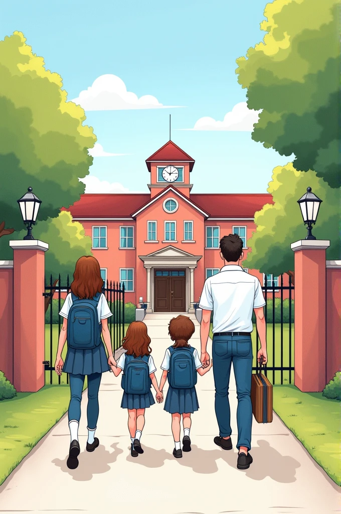 Drawing for primary school that represents that the family must educate so that the school can teach. It could be a school in the background and a family with their back turned walking towards it. . Family go mom and dad two kids in school uniform and happy teacher with books waiting at school gate Sample missing. Make it more lively