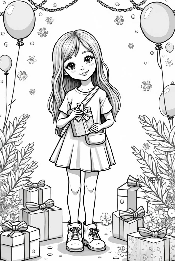 Create an illustration for a children's coloring book, which can be used in the Zara store. Leave the clothes and background without color., so that children can color them to their liking. Girl holding a box with a bow . Her hair is long, She is wearing a short dress, tunic open on top. Crossbody Bag. She has boots on her feet..
The background contains holiday elements - balloons, Garlands, Gift Boxes, bouquet of flowers.