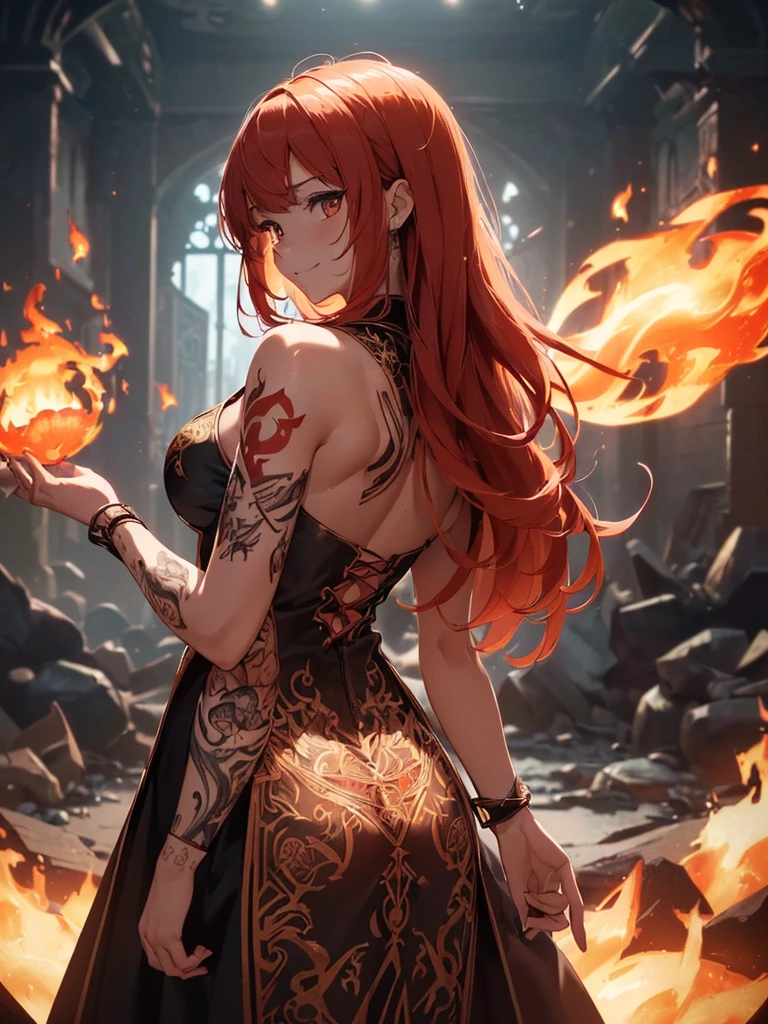 (((best quality, sharp image, clear image, cinematic lighting, 8k resolution, masterpiece, ultra detailed, intricate))) Girl, (((looking over left shoulder))), (shot from behind), fire mage, ((intricate background)), ((chaotic background)), red hair, smiling, ((flame runes, flame sigils)), (tatoo on back), slim figure, flying sigils, long dress, cute