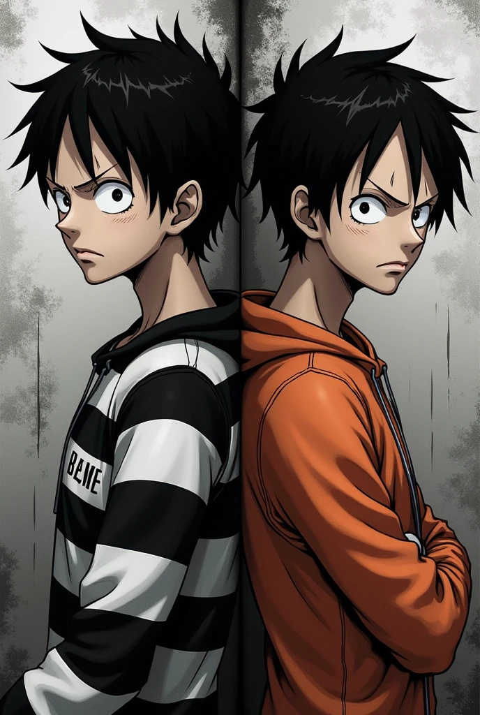 Monkey D. Luffy in a black and white striped long-sleeved prison uniform and Monkey D. .... Luffy in orange prison uniform Original anime One Piece