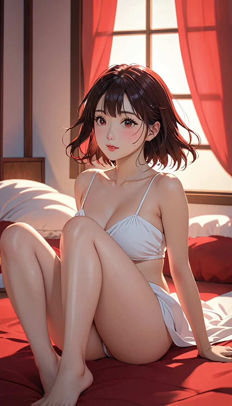 (((I want to see up to the knees:1.5、Ezvian everywhere:1.5)))、masterpiece, High resolution, form, Kyoto animation style, your name movie style, evening, midevening, light, (1 female: 1.3), (alone: 1.4), long eyelashes, ruby color collection, Red nose, lying down, , lying on the beach、the flow of tears、(Outstretched hand:1.2)、Mister..々Break、(上半身のみnaked)、big brect nipples:1.(legs en:1.5)、wide waist、White bunny