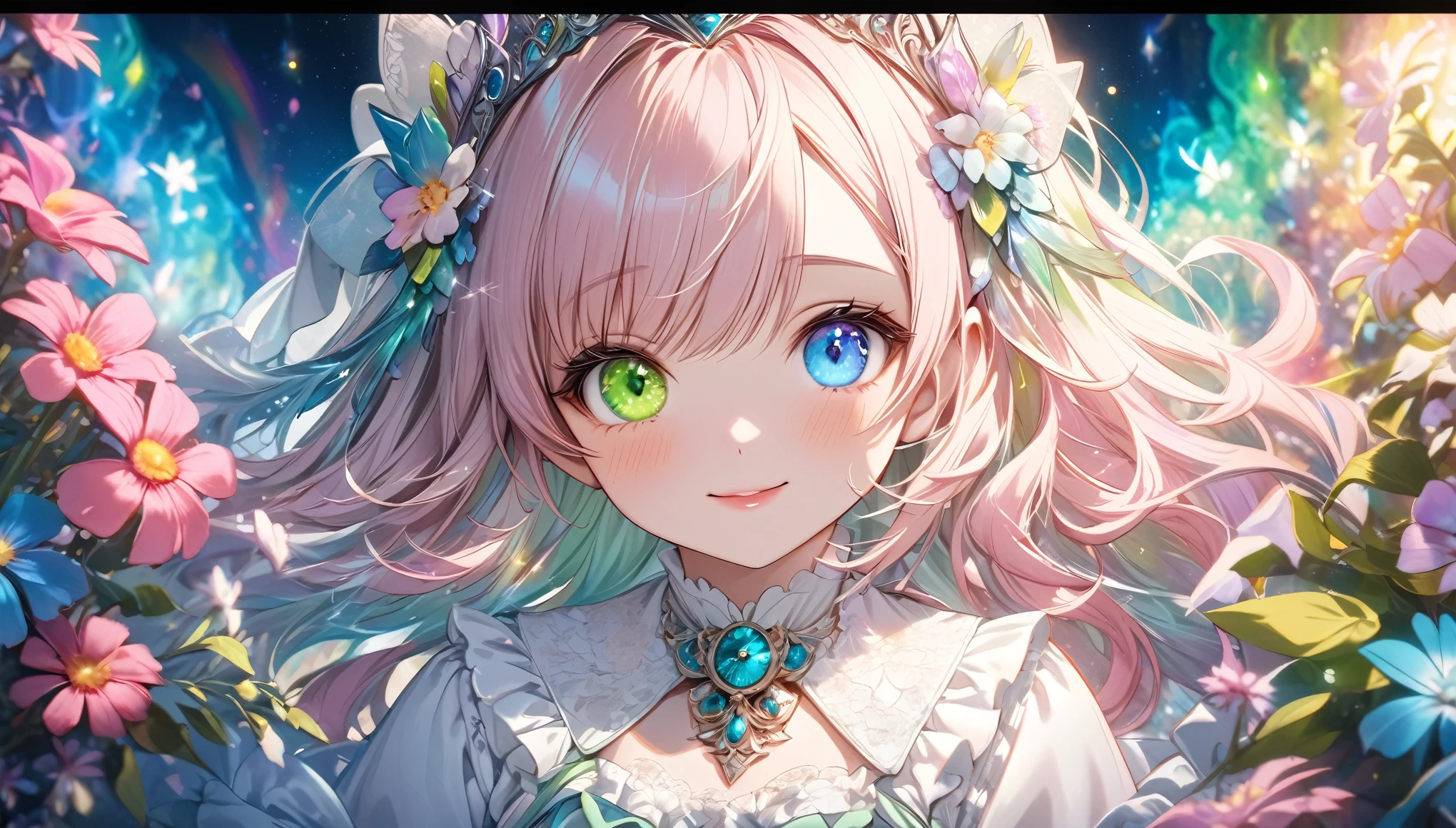 Psychedelic world、Commemorative photo、White rough shirt、beautiful girl、Lolita、, 1 cute girl、(Facing forward), (Looking at this), (Very delicate and beautiful face)、(Beautiful eyes in every detail)、((((Heterochromia Iridum - Green and Blue Eye Color))))、Through the bangs, Pale pink hair, Beautiful attention to detail, Beautiful lip detail, Highly detailed face, Attractive eyes, Long eyelashes, smile, Shy, One Girl, tiara, Digital Art, pastel colour, Soft lighting, Cinematic, romantic, Baby Doll、Framing above the chest、Colorful gel background、Fractal Floral Background、Sparkling、Perfect lighting、Sharp focus、High resolution、High resolution、High color rendering、High resolution、Ultra-realistic、Realistic