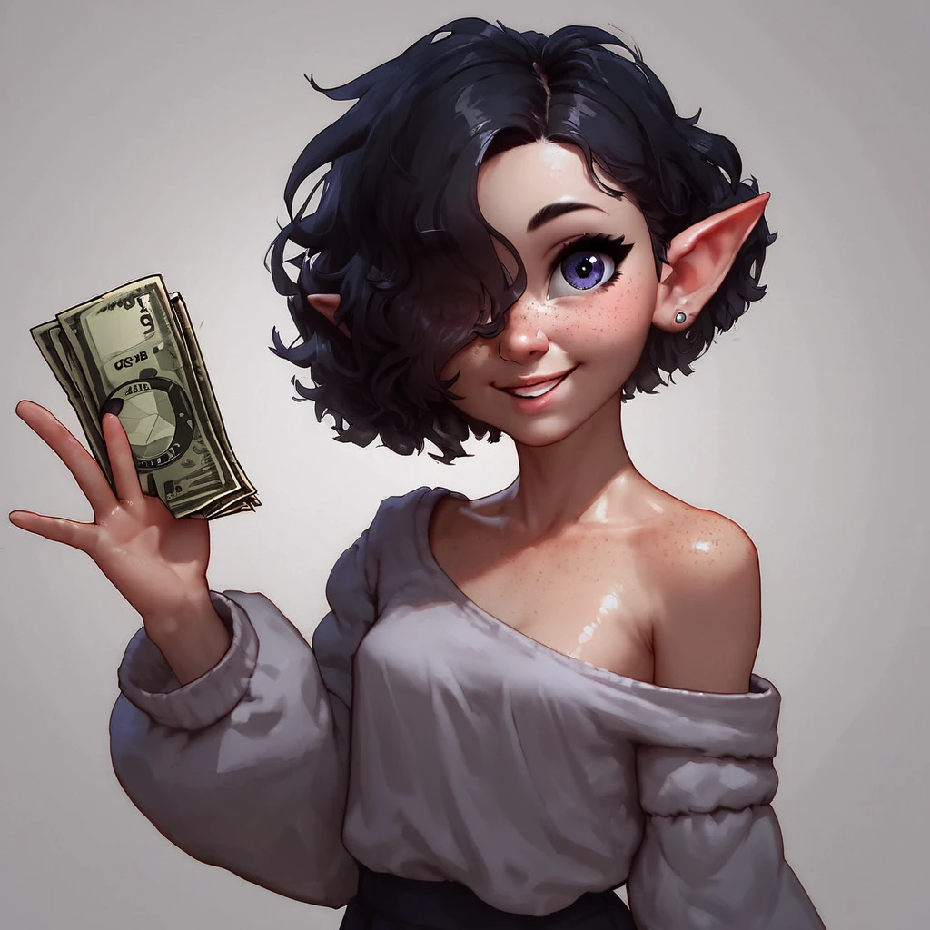 rating_safe, score_8_up, score_7_up, score_6_up, ((girl holding up a dollar-bill towards viewer)), uncensored, shiny skin, small breasts, pale skin, cute perfect face, skinny kid-like proportions, big head with big eyes, thin body, tiny limbs,  (ears hidden under hair), ((smooth black ear-covering hair, one eye covered by hair)), cute button nose, freckles, oversized black loose pullover slipped off one shoulder, oversized-sleeves, looking up at viewer, blank spotlight background, sheepish tiny smile, barefoot, cute dainty feet, ((full-body shot, balancing on one leg)), tip-toe stance, girl holding hand with money high into the air, waving with dollar bill, offering money to viewer, zoomed-out view, black hair, cute dainty feet