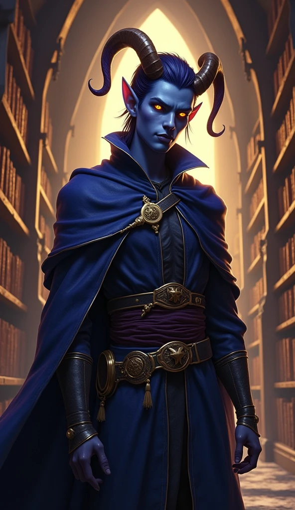 High-fantasy concept art. full body shot. Blue-skinned young slightly muscular male tiefling with smooth, clean shaven face. He has a prominent very sharply pointed chin, and swept back shoulder length dark purple hair. Short sweeping golden horns, bright shining golden eyes without irises gaze out. He is in a mystical, ancient library. He wears heavy sweeping white and gold robes. Golden hour. Soft, mystical light spills across the tiefling's facial features, accentuating his sharp jawline and horns. Intricate, leather-bound tomes line the shelves behind him. Warm, rich colors and atmospheric shadows. Best quality. Masterpiece. 8k resolution. Infinitely detailed. Dungeons and Dragons. Fantasy creatures. Mythical beings. High-fantasy worlds. Wizards of the Coast. Equipped warrior. Mystical auras. Leather armor. Sorcerous elements.