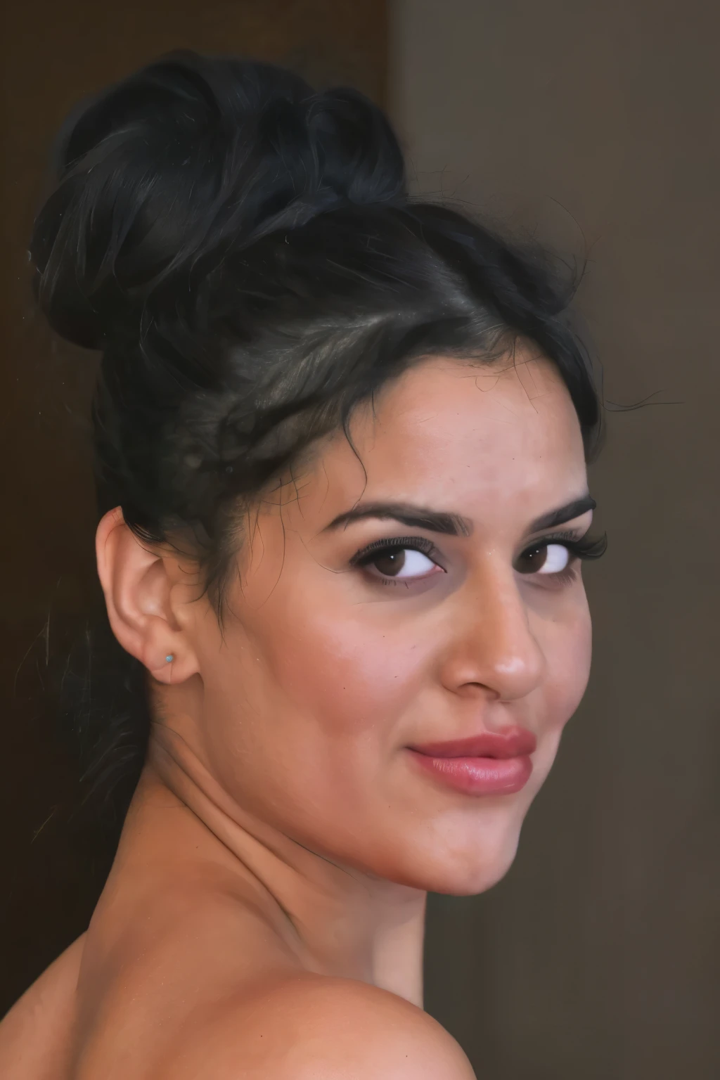 a horny bbw women. black hair. bun hairstyle.