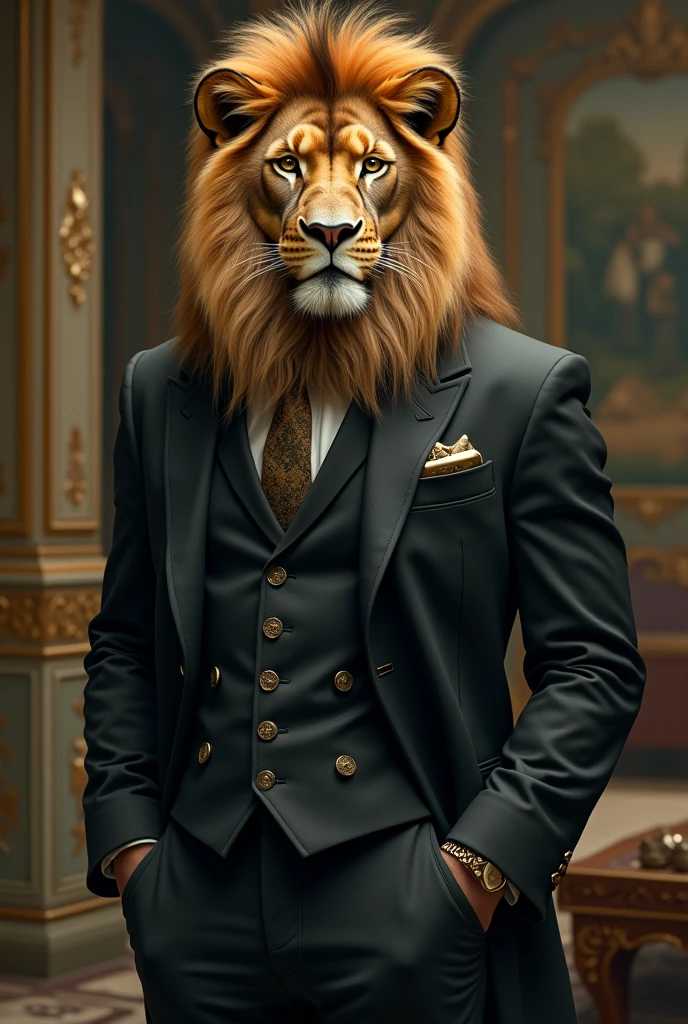 Create a character that is half man and half lion. He must be bino and well dressed.. It must be charming
