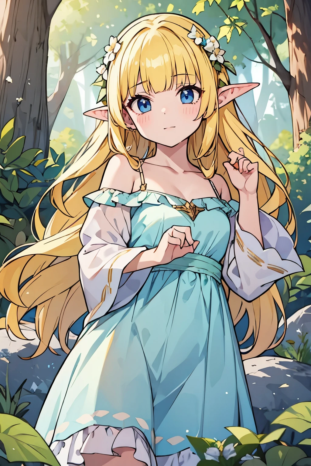  solo girl, (young female body:1.4), ( medium small breasts), cowboy shot, shy smile, flustered, yellow hair, extra long wavy hair, thick wavy hair, hime cut, very blunt bangs, yellow disheveled hair, light blue eyes, forest background, magical trees, river and rocks, elf ears, elf girl, white and leafy green dress, dark green dress, off shoulder sleeves, white flower crown, exposed collarbones, standing, dynamic posing