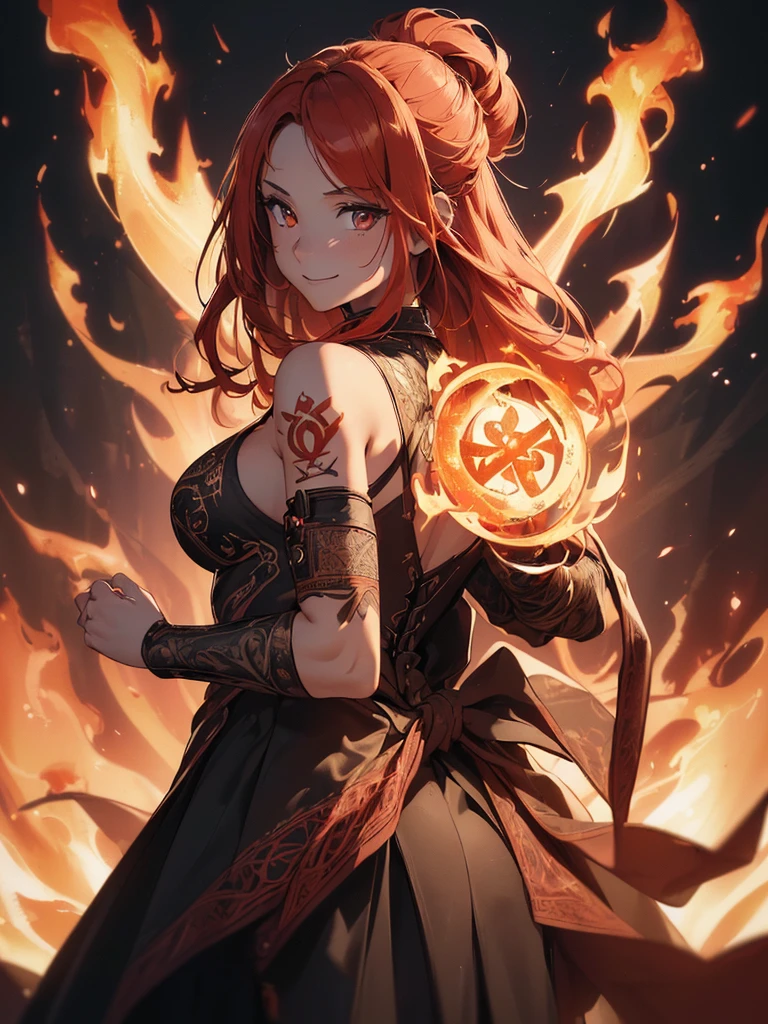 (((best quality, sharp image, clear image, cinematic lighting, 8k resolution, masterpiece, ultra detailed, intricate))) Girl, (((looking over left shoulder))), (shot from behind), fire mage, ((intricate background)), ((chaotic background)), red hair, smiling, ((flame runes, flame sigils)), (tatoo on back), slim figure, flying sigils, long dress, cute