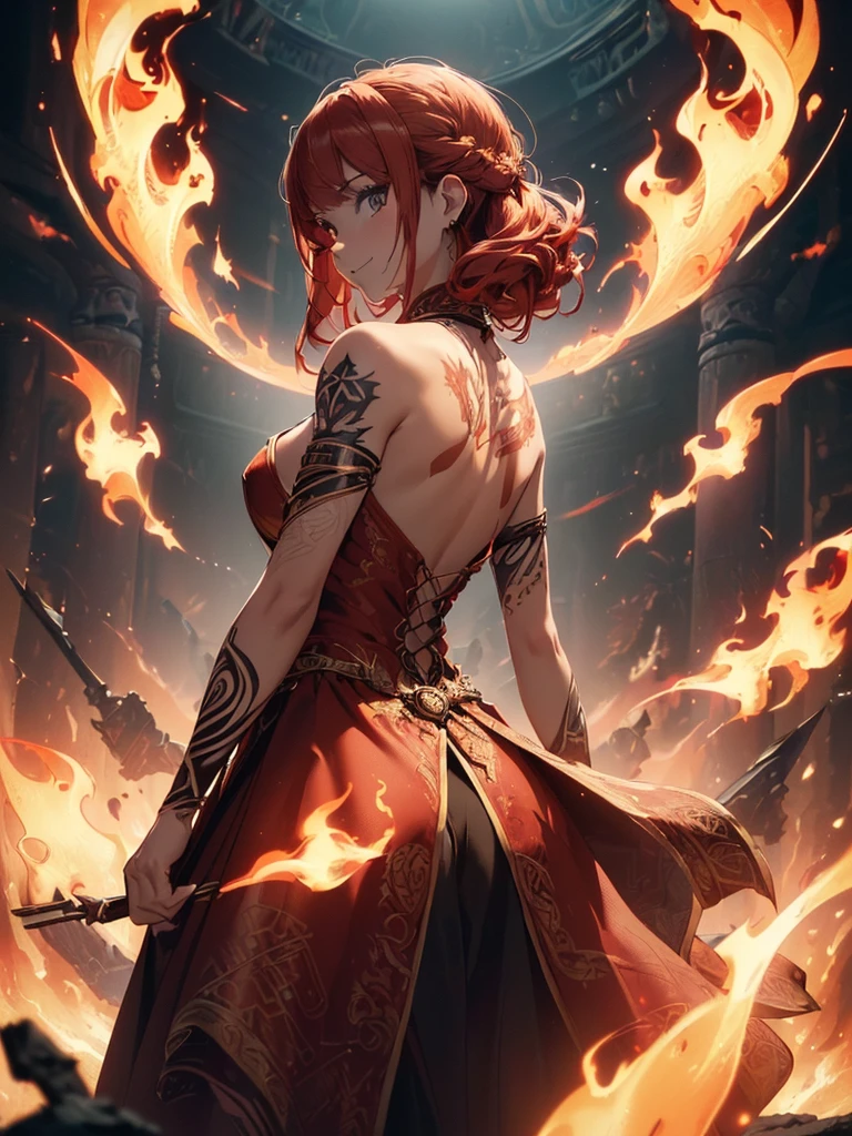 (((best quality, sharp image, clear image, cinematic lighting, 8k resolution, masterpiece, ultra detailed, intricate))) Girl, (((looking over left shoulder))), (shot from behind), fire mage, ((intricate background)), ((chaotic background)), red hair, smiling, ((flame runes, flame sigils)), (tatoo on back), slim figure, flying sigils, long dress, cute