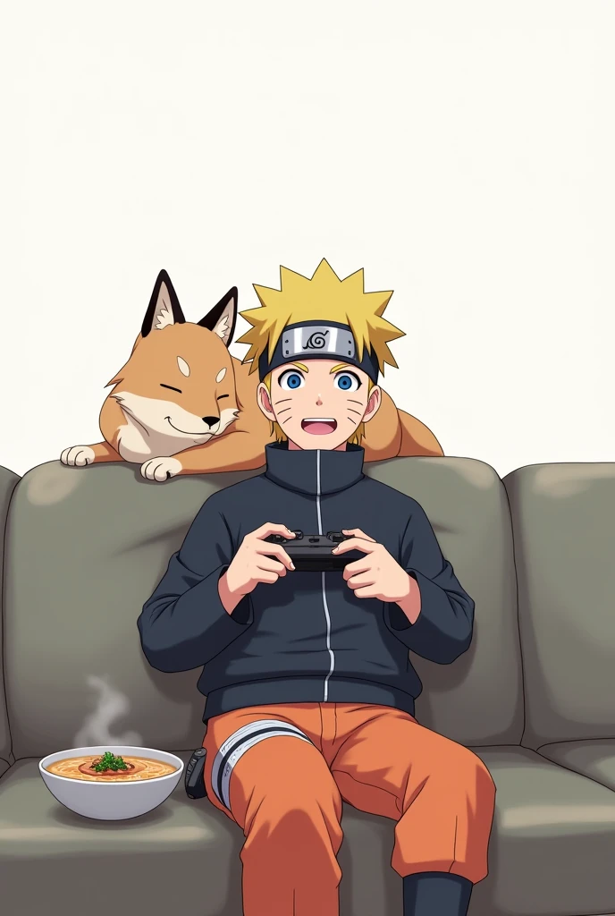 naruto sitting on the couch playing video games, mine kurama on his shoulder, ramen on the side, white background