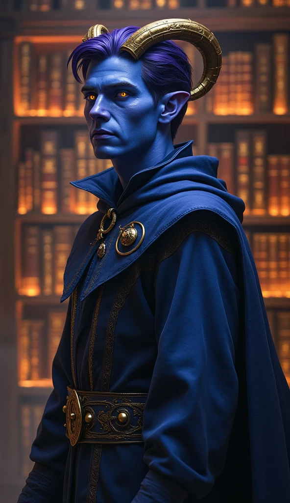 High-fantasy concept art. full body shot. Blue-skinned young slightly muscular male tiefling with smooth, clean shaven face. He has a prominent very sharply pointed chin, and swept back shoulder length dark purple hair. Short sweeping golden horns, bright shining golden eyes without irises gaze out. He is in a mystical, ancient library. He wears heavy sweeping white and gold robes. Golden hour. Soft, mystical light spills across the tiefling's facial features, accentuating his sharp jawline and horns. Intricate, leather-bound tomes line the shelves behind him. Warm, rich colors and atmospheric shadows. Best quality. Masterpiece. 8k resolution. Infinitely detailed. Dungeons and Dragons. Fantasy creatures. Mythical beings. High-fantasy worlds. Wizards of the Coast. Equipped warrior. Mystical auras. Leather armor. Sorcerous elements.