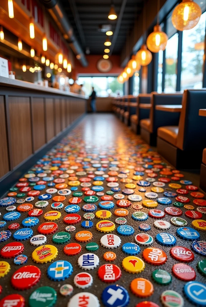 Show me a picture of a floor decorated with metal bottle caps in a fast food restaurant