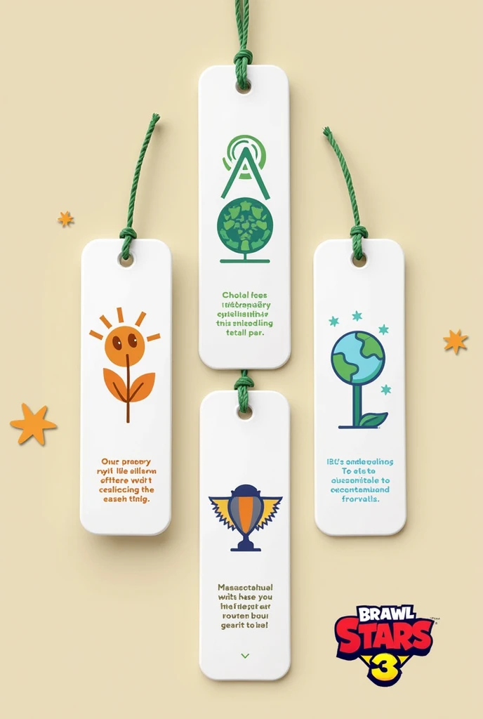 Cute bookmarks,  with icons of rights, equality, environment and values, also with a slogan from the previous topics. Add an image of the brawl stars game. Make it minimalist Add images from the Brawl stars game
