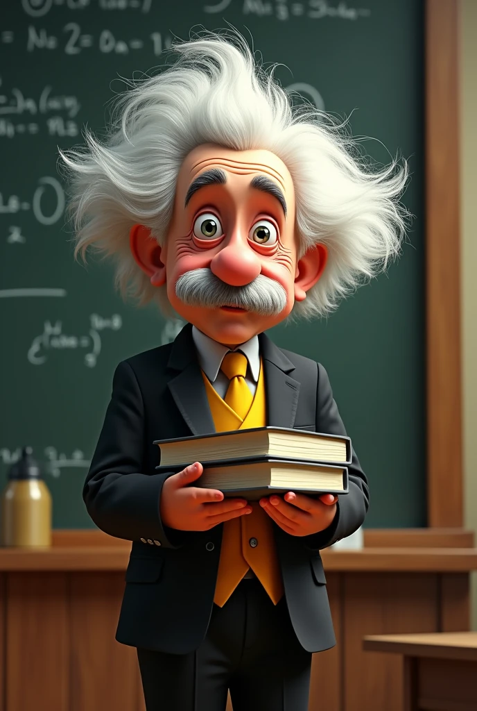 Draw Albert Einstein Disney Pixar style writing on a blackboard in a black suit with yellow details and with books in his hand with no background in the image