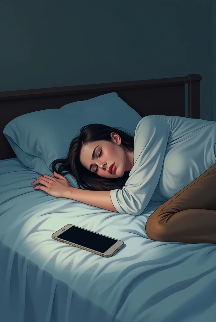 Claire, a brunette woman in her 30s with black hair (wearing a white shirt and brown pants), collapses onto the bed with white sheets, looking exhausted. Her phone is placed on the comforter near her. The lighting is dim with a soothing ambiance, and Claire's tired expression is clearly visible.