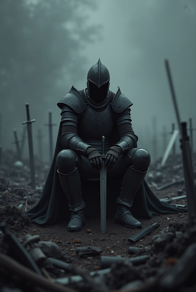 The Dark Knight sits alone in the middle of a battlefield full of sword fragments, in the darkness.
