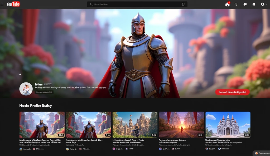 Im Stil von Pixar 3D-Animation filmen. Youtube channel page of the knight Iprime with thumbnails showing knightly heroic deeds.