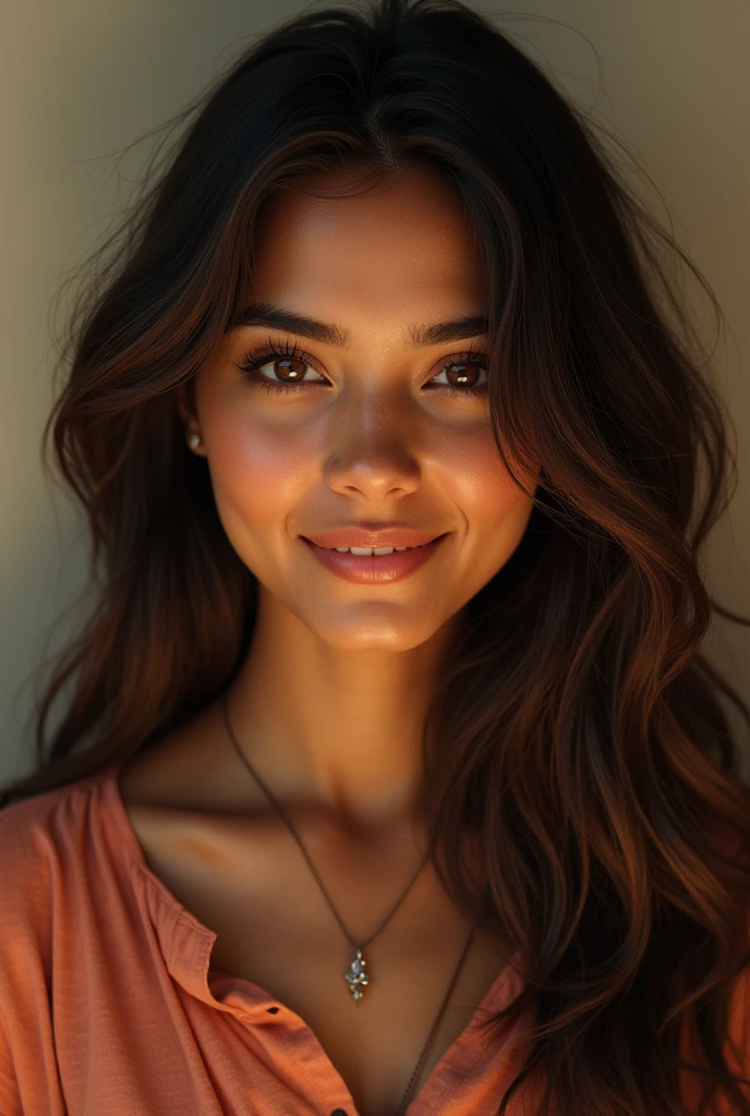 Indian woman, 25 YO, fair skin, cute smile, wavy hair, brown streaks in hair, 5ft4, brown eyes, from Bombay, Arab looking