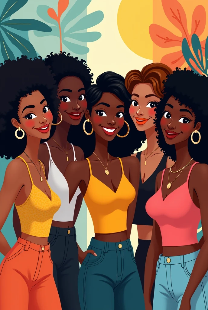 
black women with different skin tones group of 5 friends all appear full body . animated cartoon