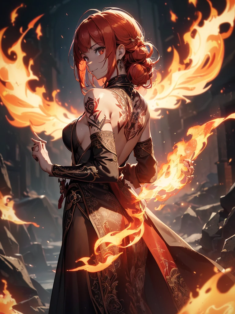 (((best quality, sharp image, clear image, cinematic lighting, 8k resolution, masterpiece, ultra detailed, intricate))) Girl, (((looking over left shoulder))), (shot from behind), fire mage, ((intricate background)), ((chaotic background)), red hair, smiling, ((flame runes, flame sigils)), (tatoo on back), slim figure, flying sigils, long dress, cute