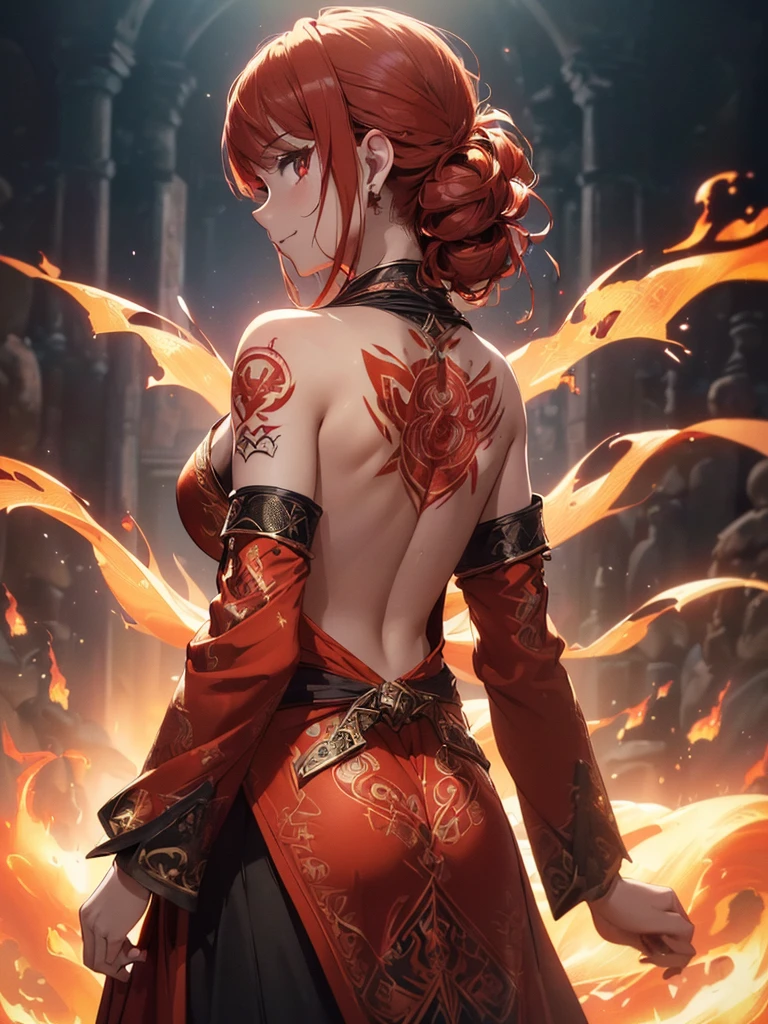 (((best quality, sharp image, clear image, cinematic lighting, 8k resolution, masterpiece, ultra detailed, intricate))) Girl, (((looking over left shoulder))), (shot from behind), fire mage, ((intricate background)), ((chaotic background)), red hair, smiling, ((flame runes, flame sigils)), (tatoo on back), slim figure, flying sigils, long dress, cute